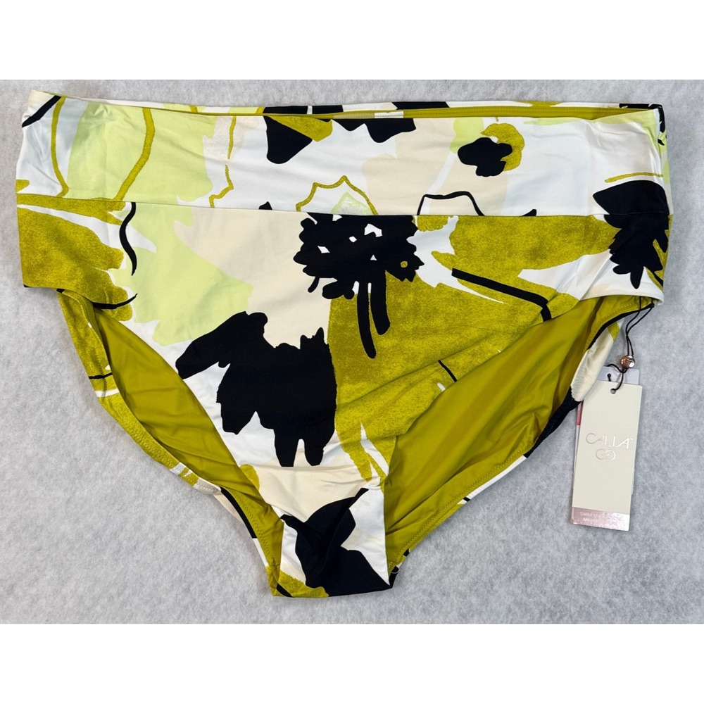 CALIA Womens 2X Mid Rise Wide Band Bikini Swim Bottom Green Multi Floral NWT